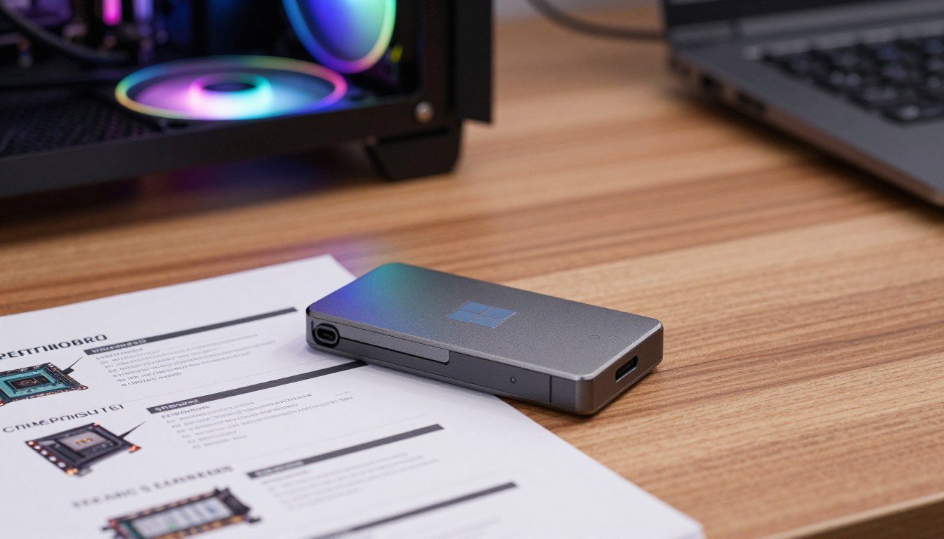 A Windows USB drive beside a gaming PC parts list